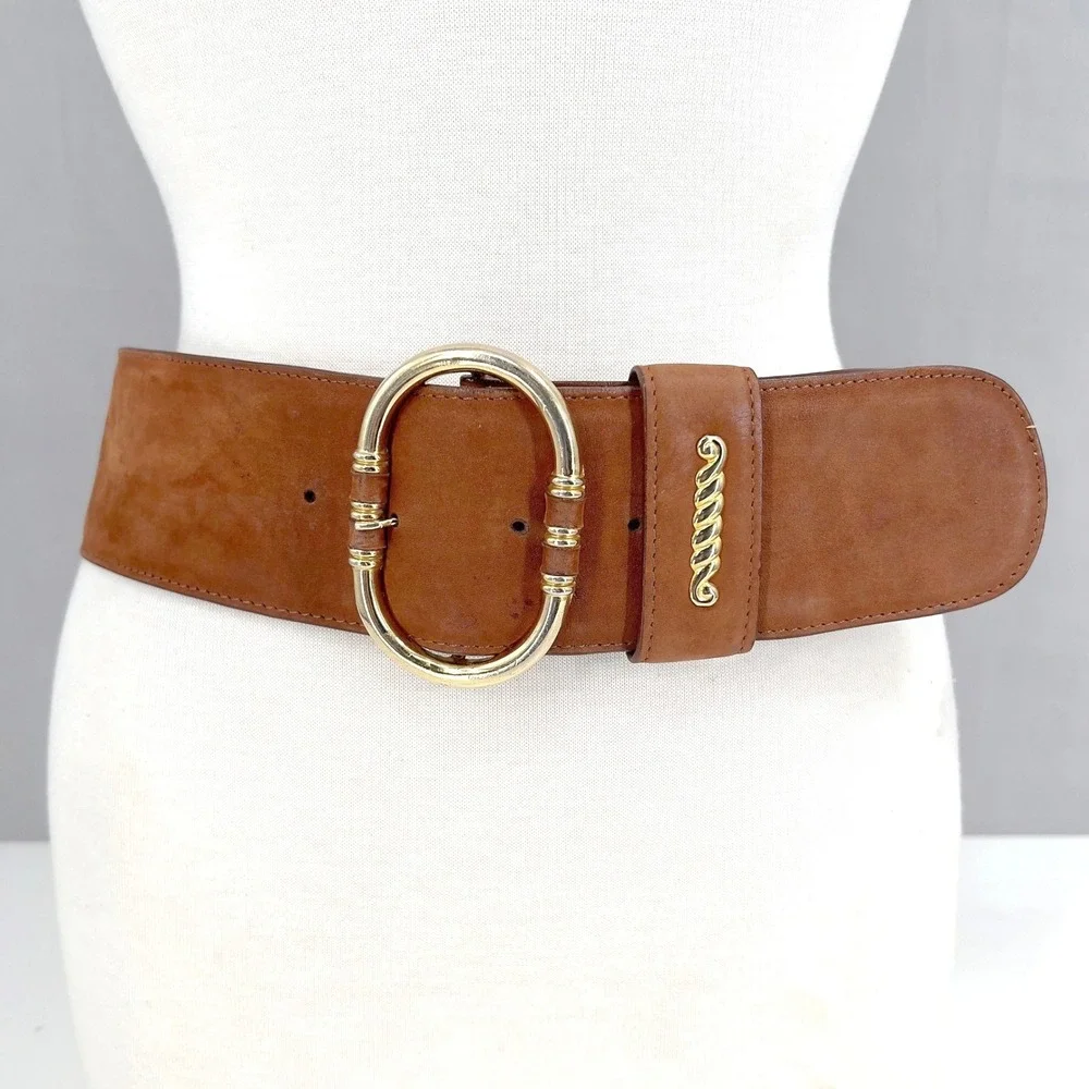 Vintage 80s Womens Wide Brown Nobuck Leather Waist Belt Ornate Gold Buckle M